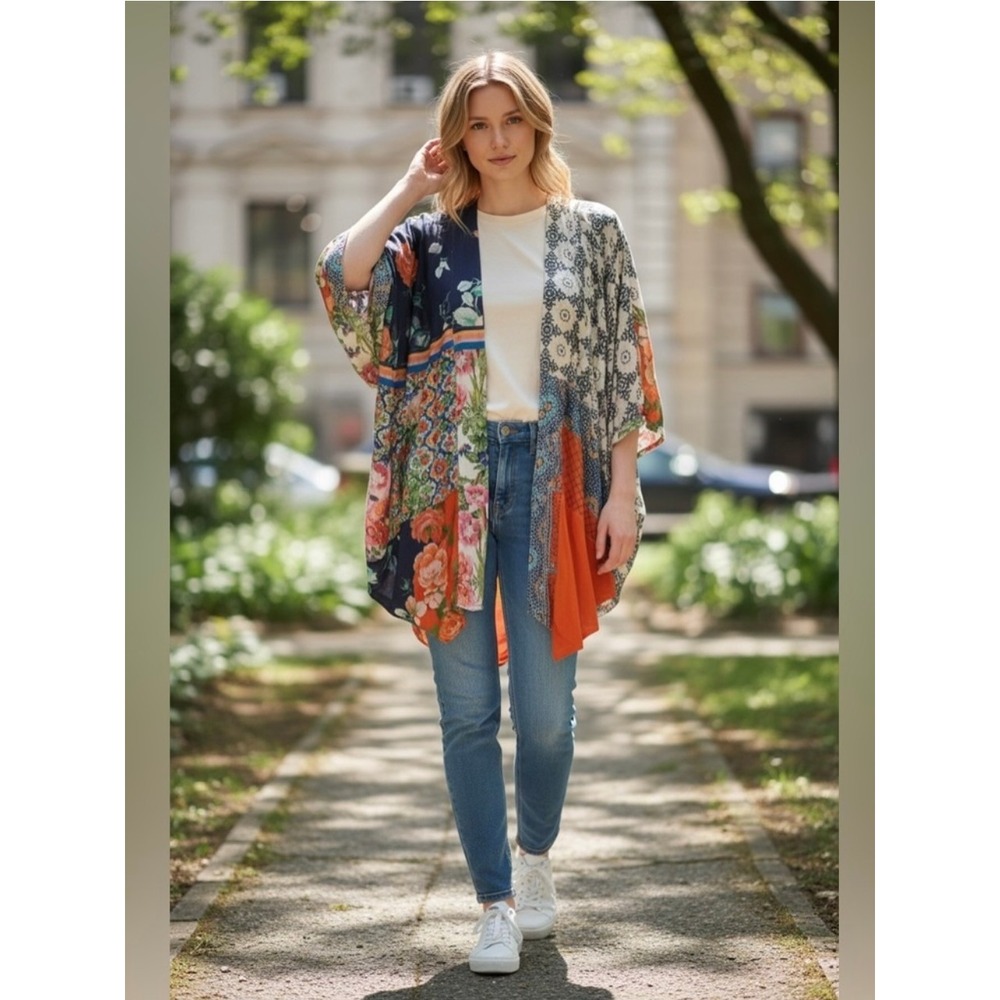 Akemi + Kin Anthropologie Patchwork Floral Kimono Wrap OS Mixed Print Modal
